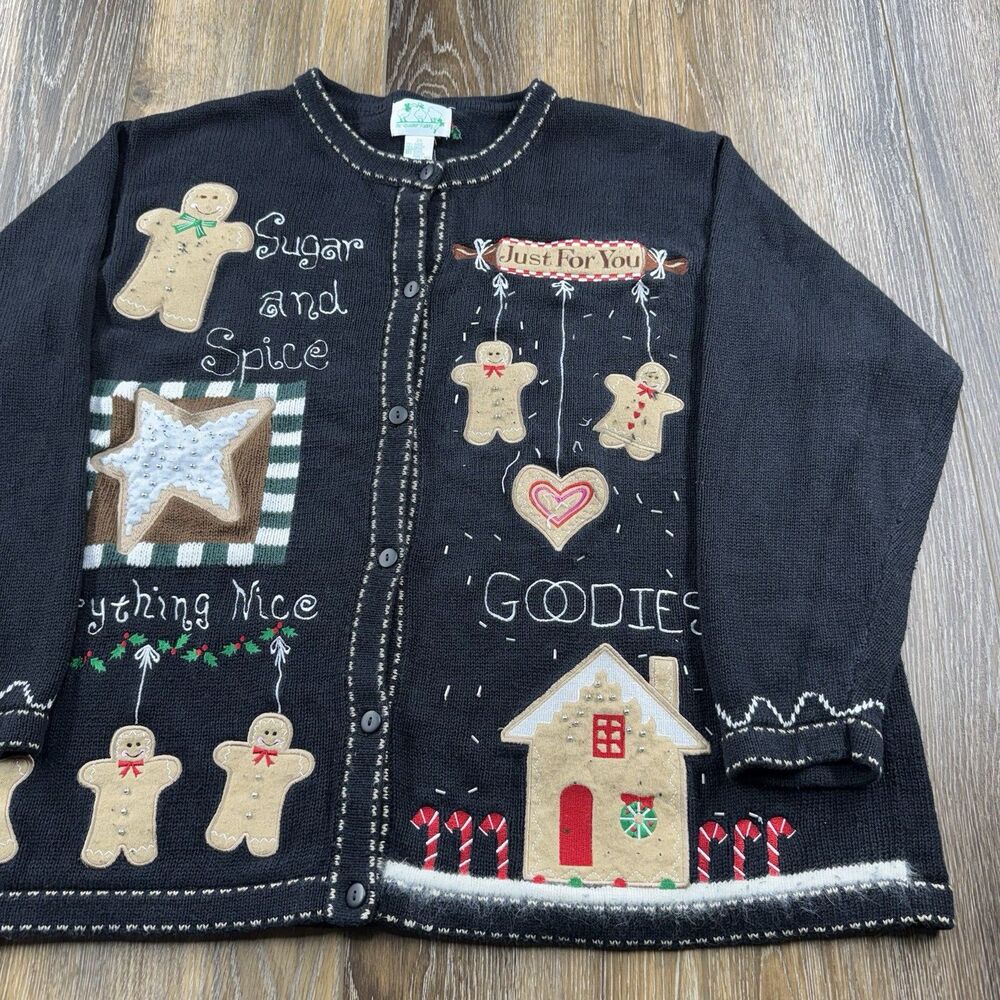 Vintage Quacker Factory Christmas Sweater Womens XXL Black Gingerbread House 90s